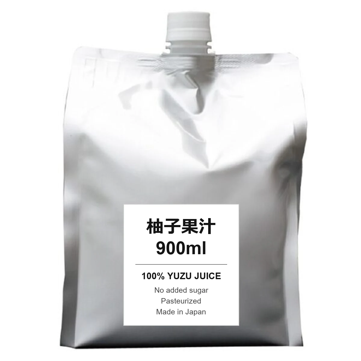 Silver 900 ml pouch of 100% yuzu juice with a screw cap