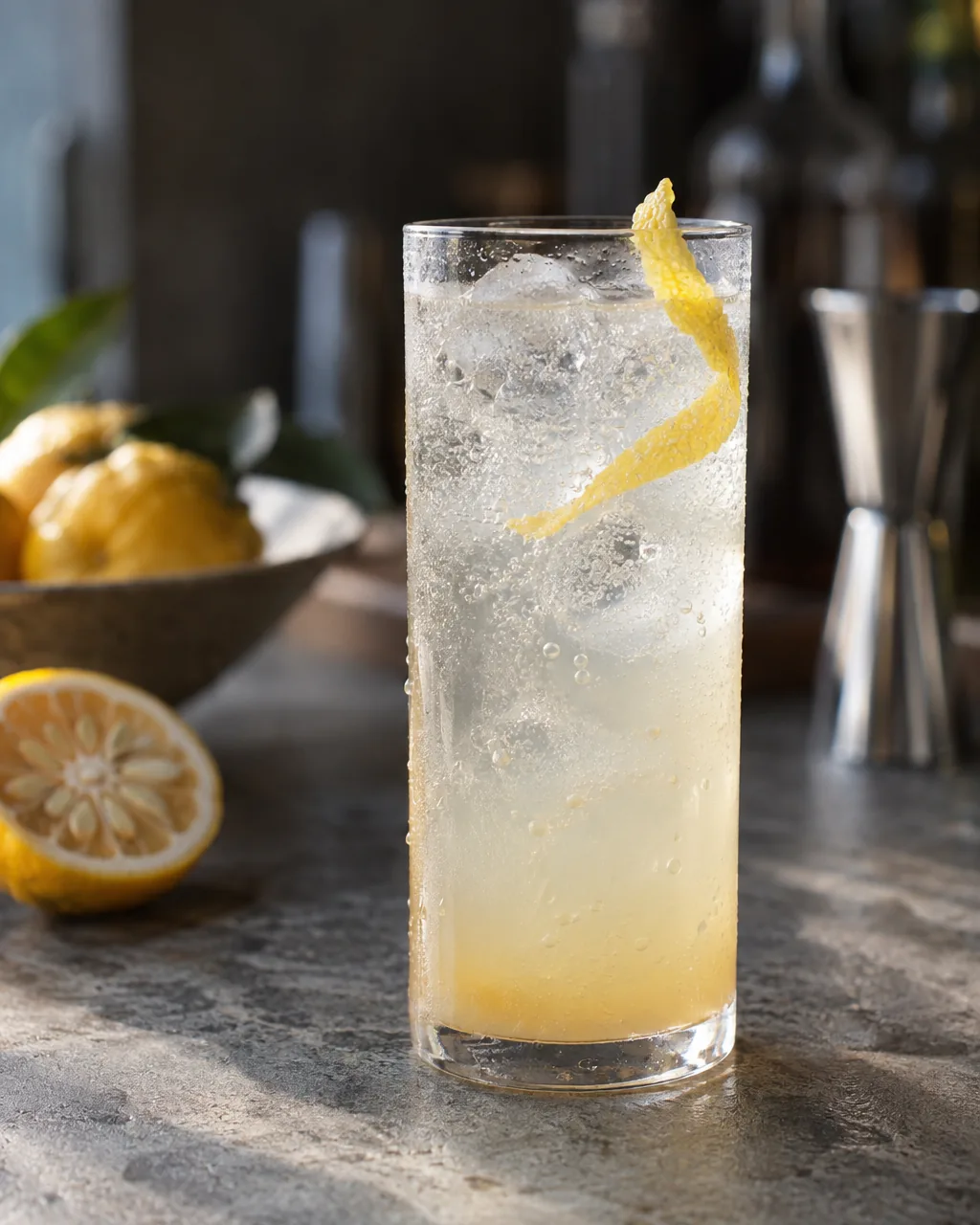 A yuzu highball with ice and a strip of yuzu peel on a bar counter