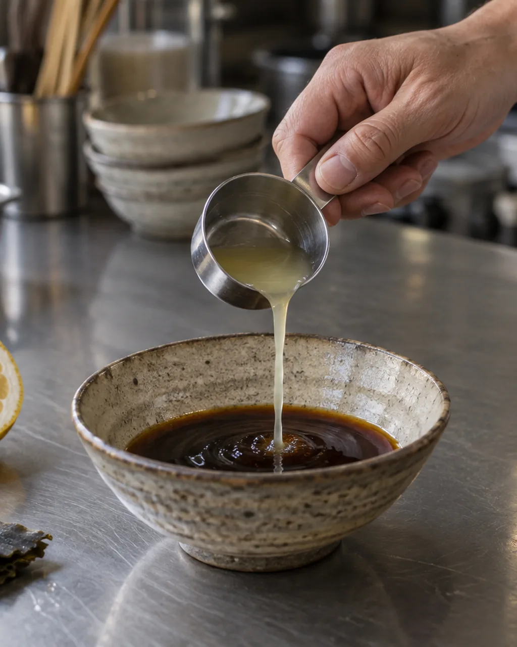A cook pours yuzu juice into a bowl of ponzu sauce in a kitchen