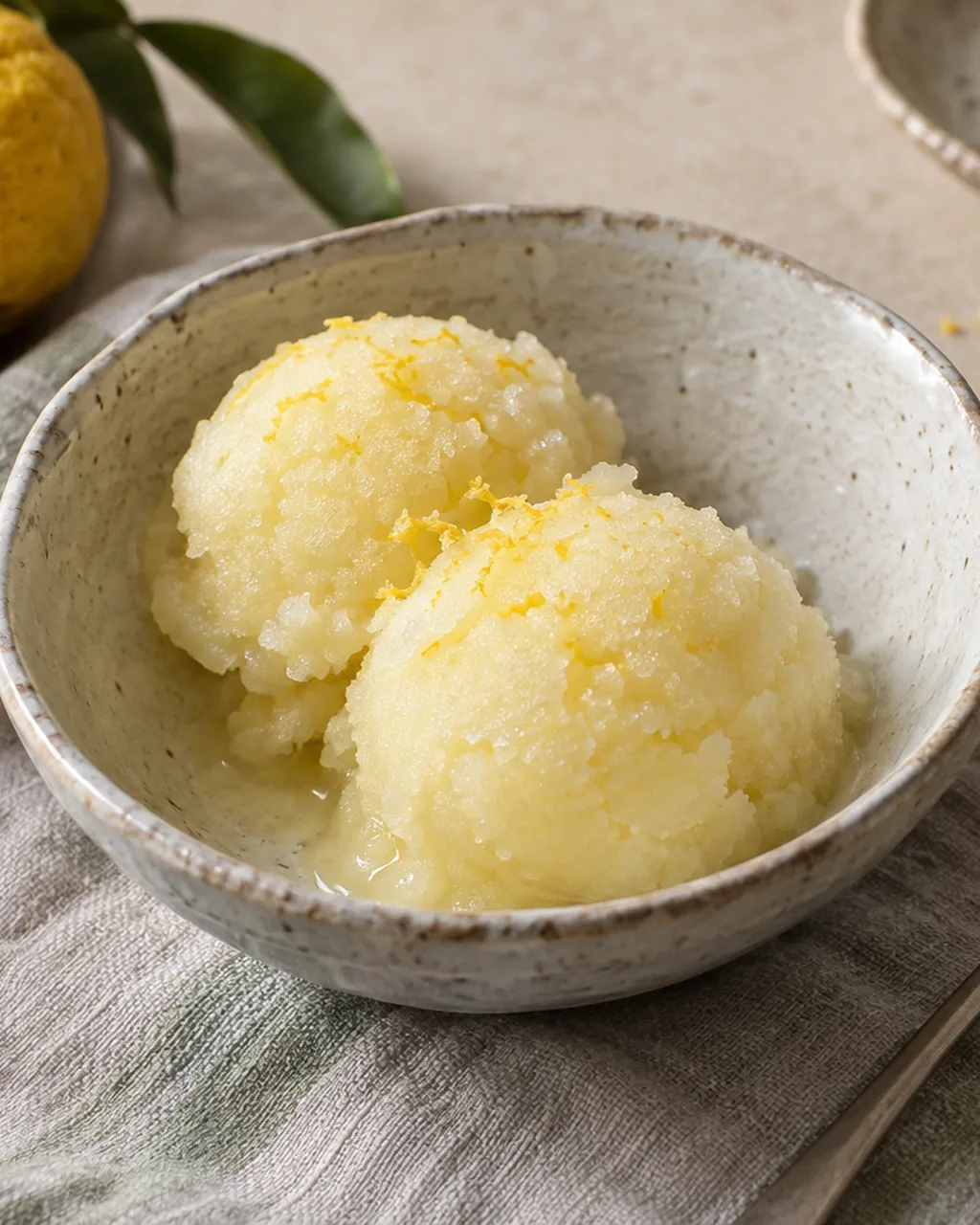 Two scoops of yuzu sorbet in a ceramic bowl