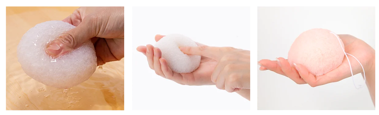 Three steps for using a konjac sponge: soak in water, squeeze gently, then hang to dry by its string